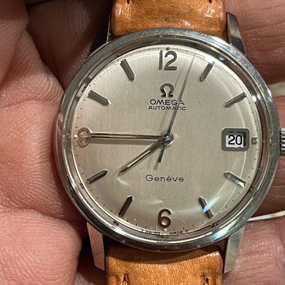 Omega Silver Watch with Brown Leather Strap